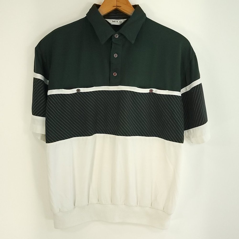 Vintage Milo Shirt Men's Large Banded Waist Pullover Green White Distressed